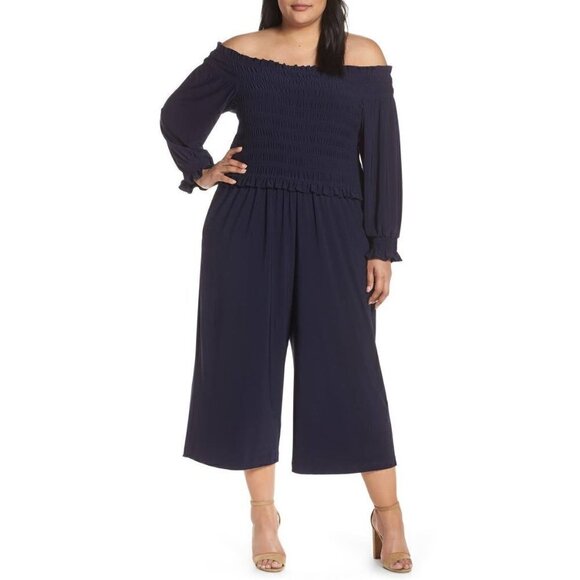 NWT Chelsea28 Size L Long Sleeve Off The Shoulder Smocked Jumpsuit in Blue - Picture 2 of 12